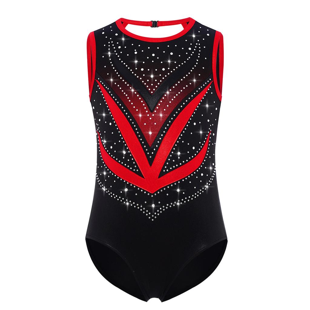 Девочки Танцевальный Купальник Металлик Контрастный Цвет Сетчатая Вставка Пэчворк Без Рукавов Перекрещенная Спинка Вырез Стразы Боди