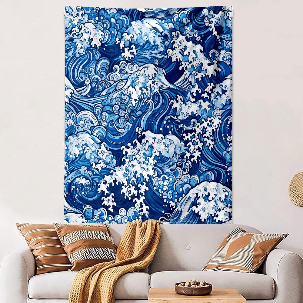 "Blue Ocean Waves Tapestry Design" Patterned Tapestry Decorative Wall Hanging, Home Bedroom Living Room Decor