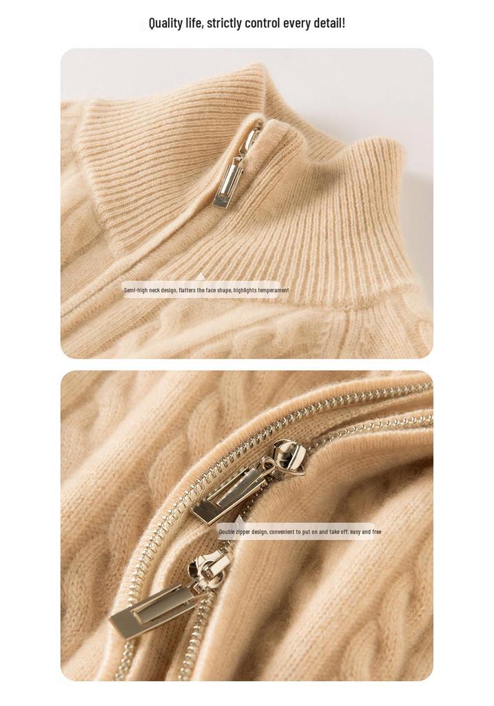Cashmere Cable Knit Zipper Cardigan - Women's Autumn/Winter 2025, Half-High Neck, Gentle Style.