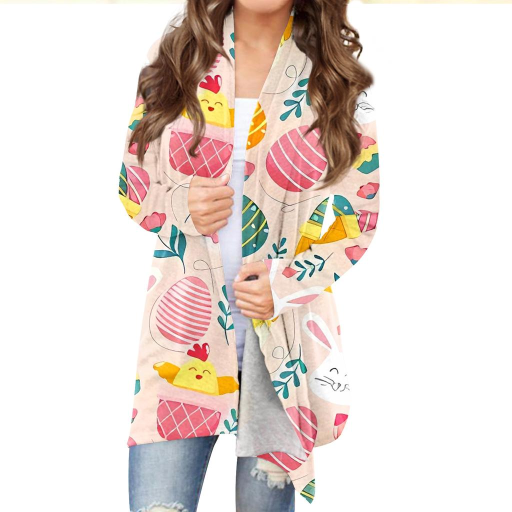 Женский кардиган с пасхальным принтом и длинными рукавами спереди, легкая куртка с принтом