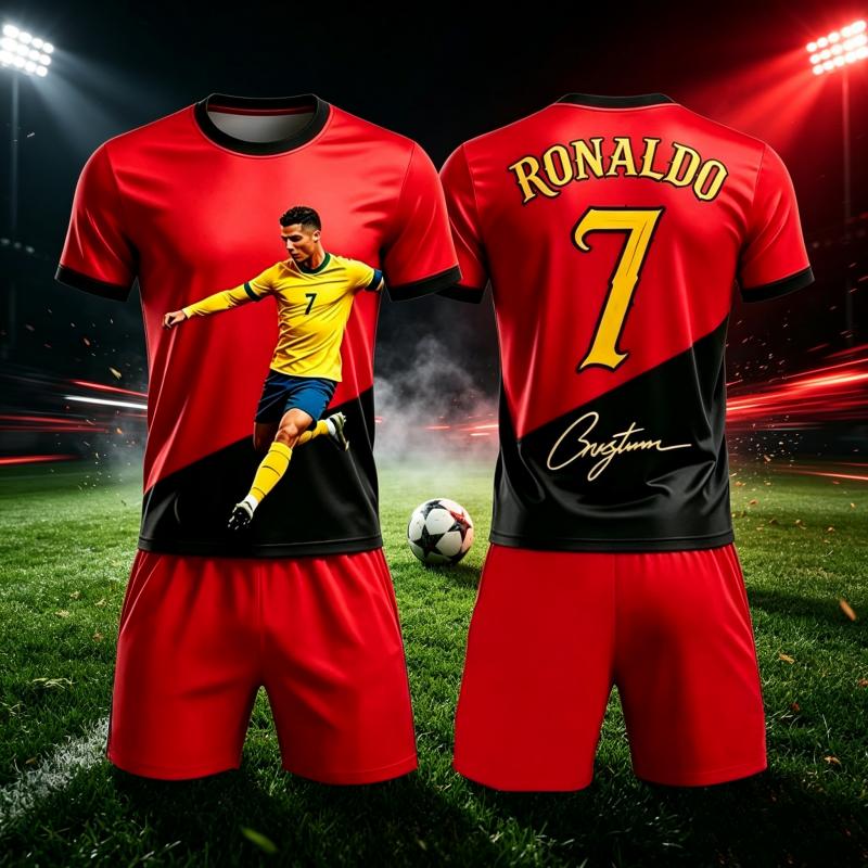 Летний Новый Ronaldo # 7 Стиль Футбольной Формы Фанская Версия Комплект Футболка и Шорты Спортивная Тренировочная Одежда Семейные Детские Футболки