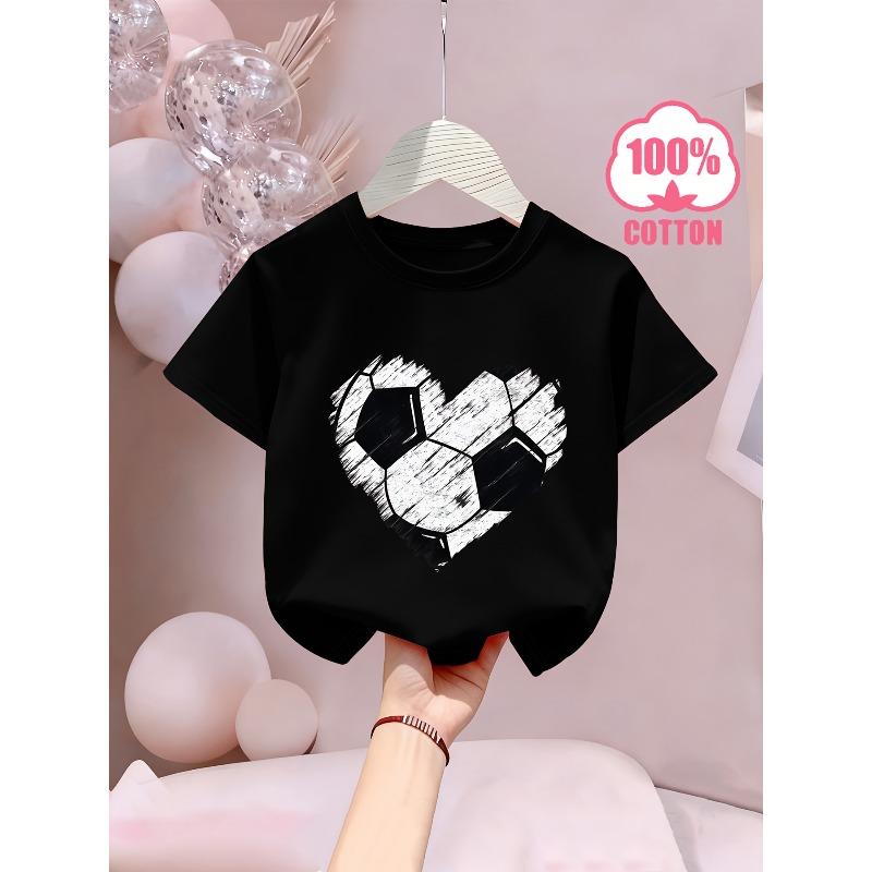 European sizes Love Heart Soccer" Letter/cartoon Print, Girls' Short-sleeved T-shirt, Cool and Breathable for Spring/summer Wear
