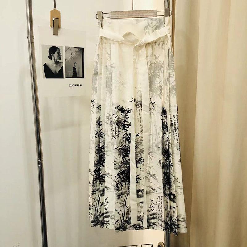 Женская юбка 2024 года из шифона и атласа с рисунком в виде конской морды в виде листьев бамбука, окрашенных чернилами, в стиле ретро со складками в китайском стиле