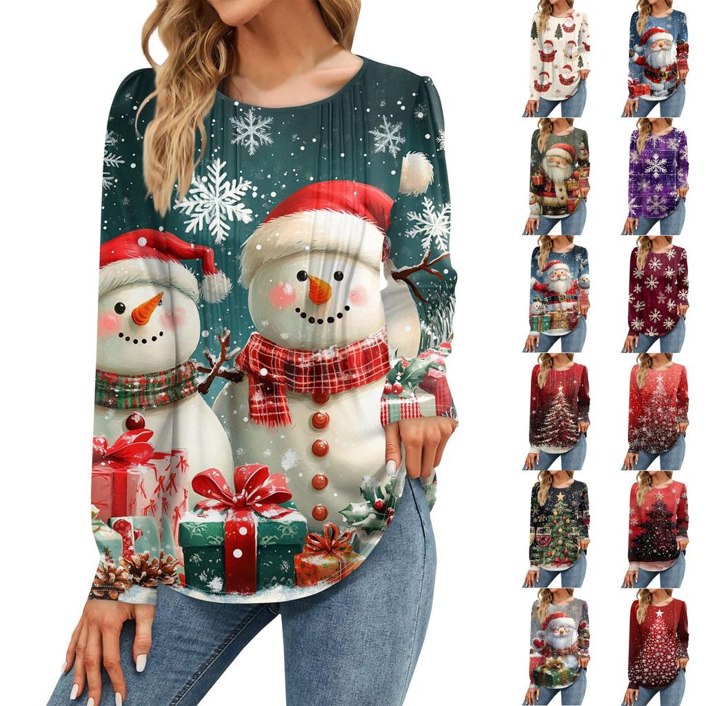 Женская мода Рождественские принтованные платья Осенние повседневные топы Длинные рукава рубашки Свободные пуловеры