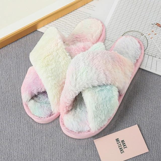 Зимние женские меховые тапочки, мягкие плюшевые туфли из искусственного меха с крестиком, домашние женские сандалии на платформе, с открытым носком, пушистые домашние шлепанцы