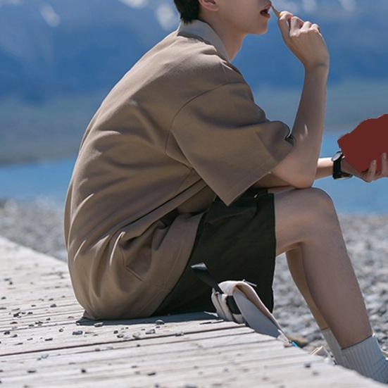 Spring Men Cargo Shirt Turn-down Collar Half Zipper Loose Japanese Style Mid Length Solid Color Half Sleeves Pullover Streetwear Outdoor Top