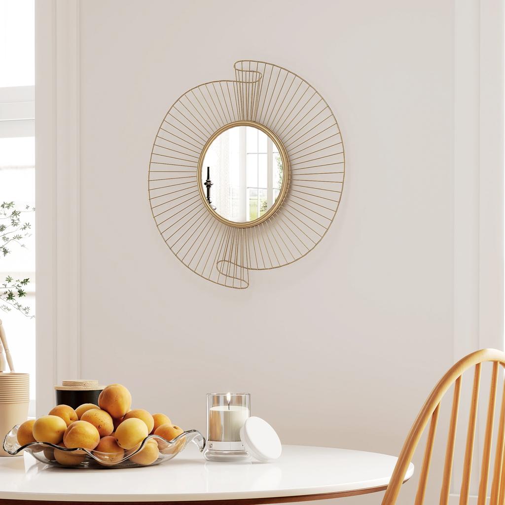 Round Decorative Mirror 60 cm with 360 degrees Mounting, Modern Metal Wall Decoration with Pleated Details, Gold