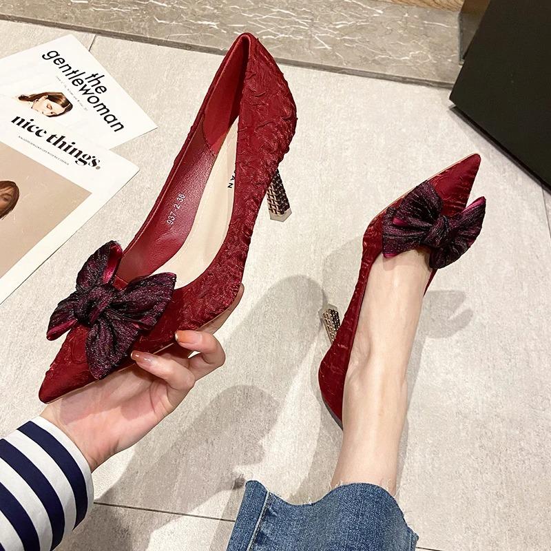 Fashion Green Silk Bowtie High Heels Pumps for Women Sexy Pointed Toe Metal Stiletto Heels Wedding Party Shoes Woman 2024 Spring