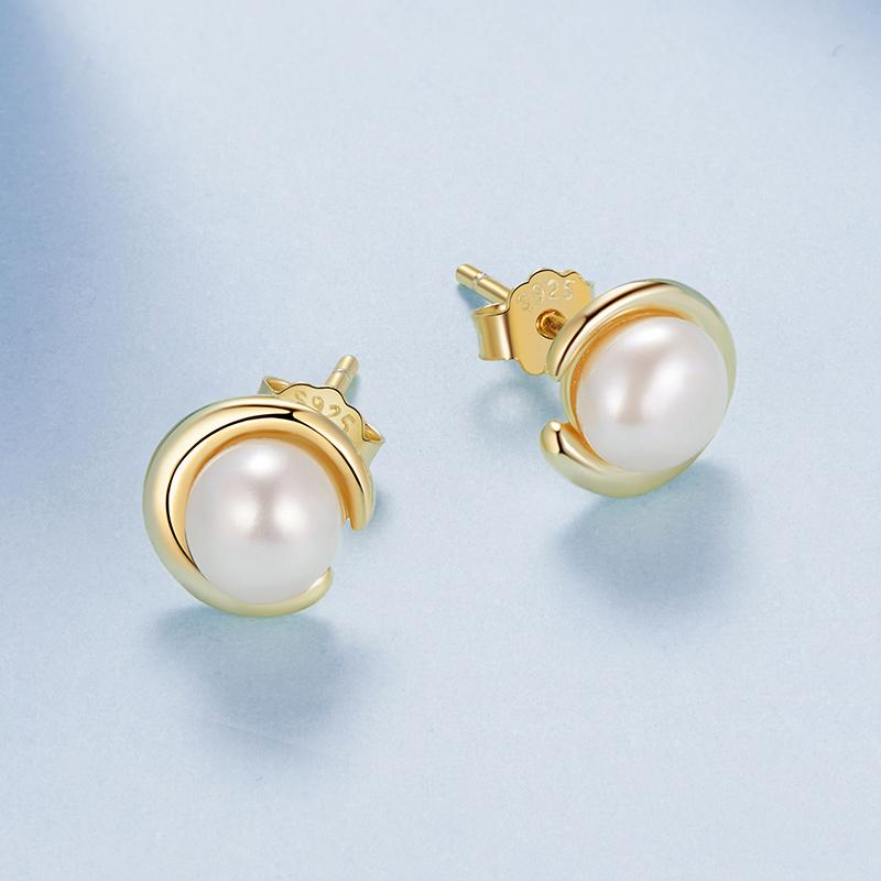 BAMOER 925 Sterling Silver Pearl Stud Earrings Freshwater Pearl For Women Grace Evening Accessories Plated Gold Fine Jewelry