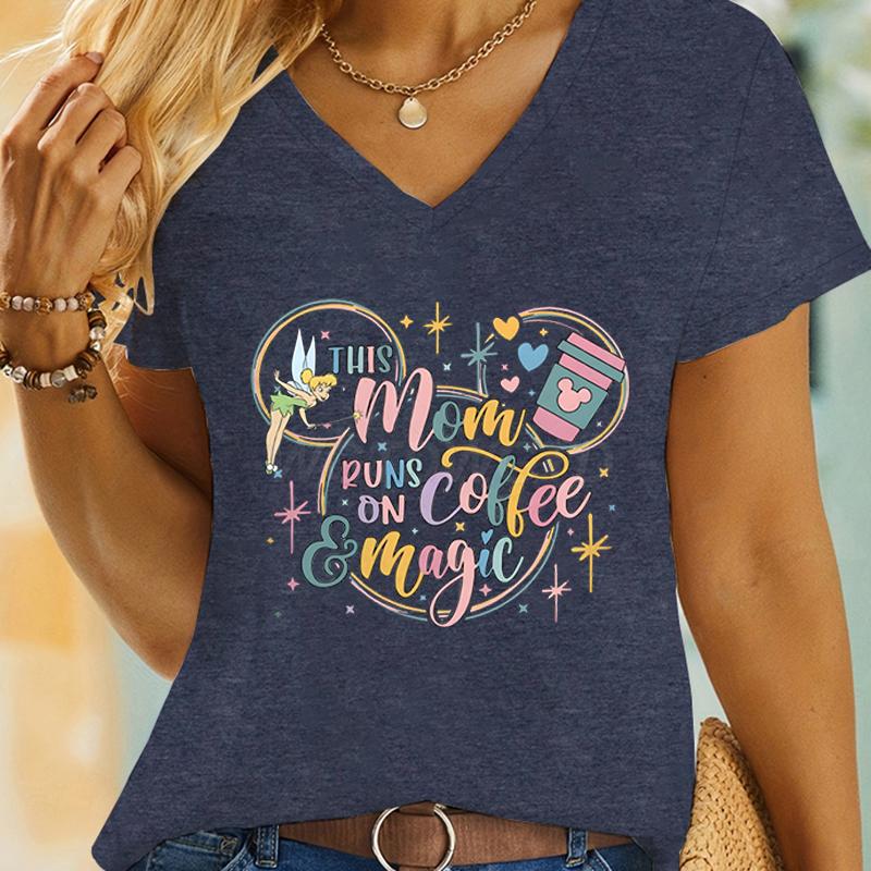 Coffee Lover Gift Tshirt This Mom Runs on Coffee and Magic Graphic T Shirts Women Mouse Ears Cute Coffee Mom Vneck Casual Tops