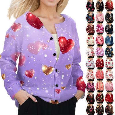 Женская мода День святого Валентина принтованный длинный рукав кардиган куртка на пуговицах
