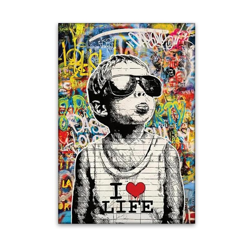 Граффити Бэнкси Я люблю жизнь Маленький мальчик Плакаты и принты Настенные картины на холсте Уличный поп-арт для спальни Гостиная Декор