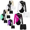 Kids Girls Long Sleeve Dance Leotards with Shorts Rhinestones Decorated Performance Unitards Gymnastics Outfits