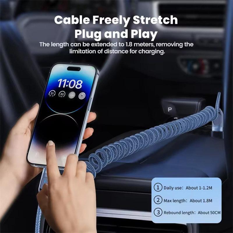 USB 2.4A кабель для быстрой автомобильной зарядки для iPhone 14 13 12 11 Pro Max Plus 8 X XS пружинный телескопический зарядный провод аксессуары