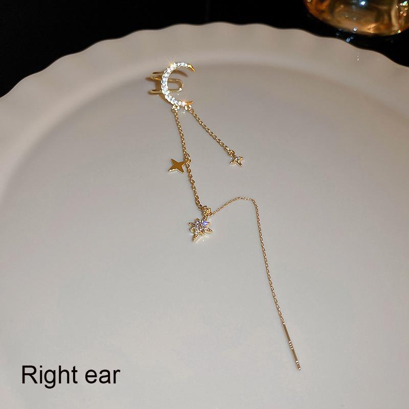 Kpop Gold Color Rhinestone Moon Star Clip Earrings for Women Simple Butterfly Fake Cartilage Long Tassel Ear Cuff Jewelry Gifts
