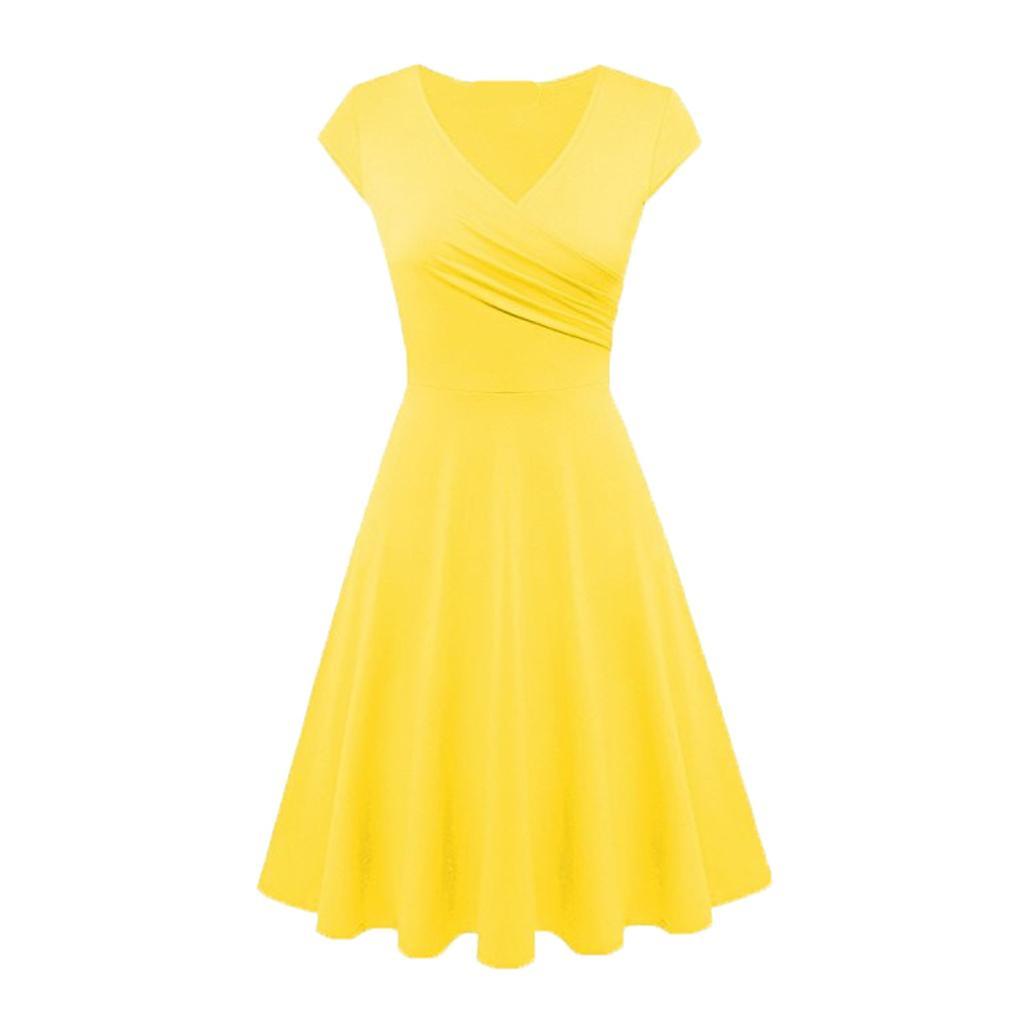 Fashion Women Solid Color Dress V-Neck Short Sleeve Evening Party Dress