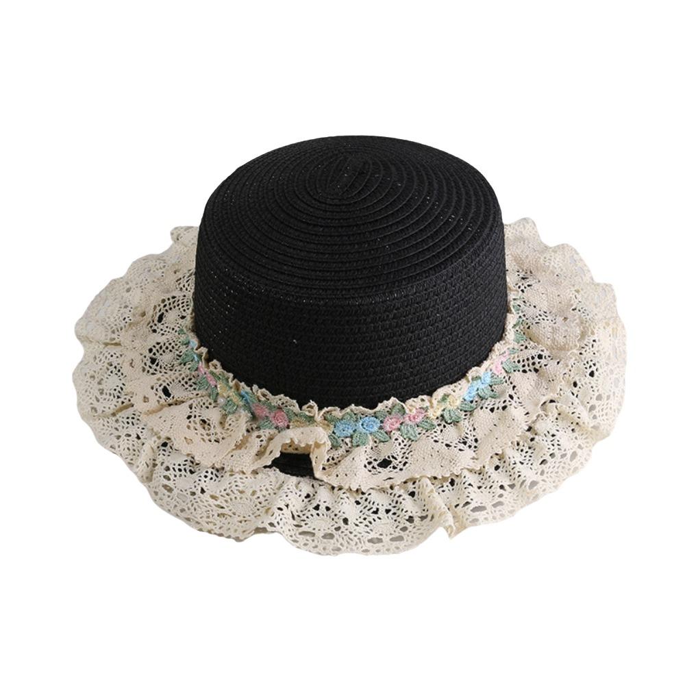 Flat Top Lace Floral Brim Cap Japanese Style Women's Sun Hat Simple Straw Woven Top Hat  Beach