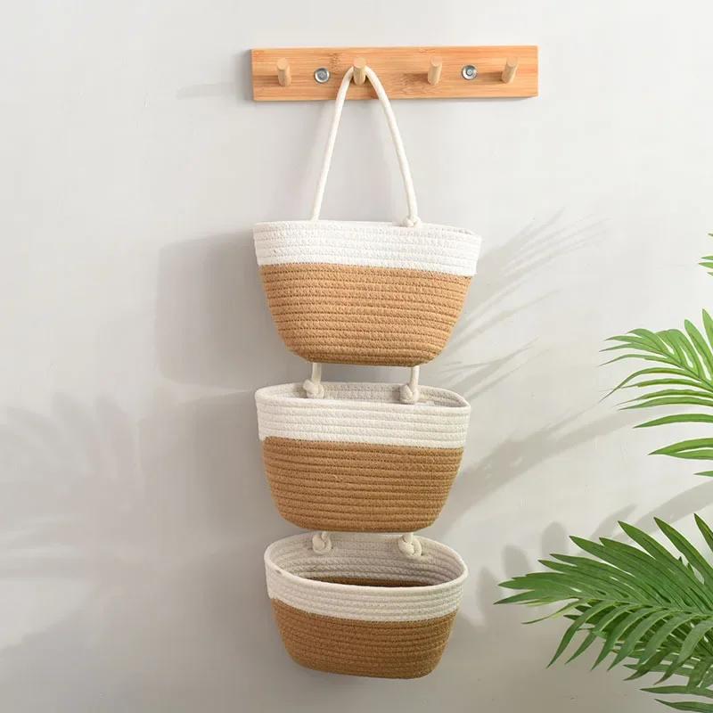 Cotton Wall Hanging Storage Basket-3-layer Sundries Organizer Decorative Household Wall Storage Tool for Home Organization Needs