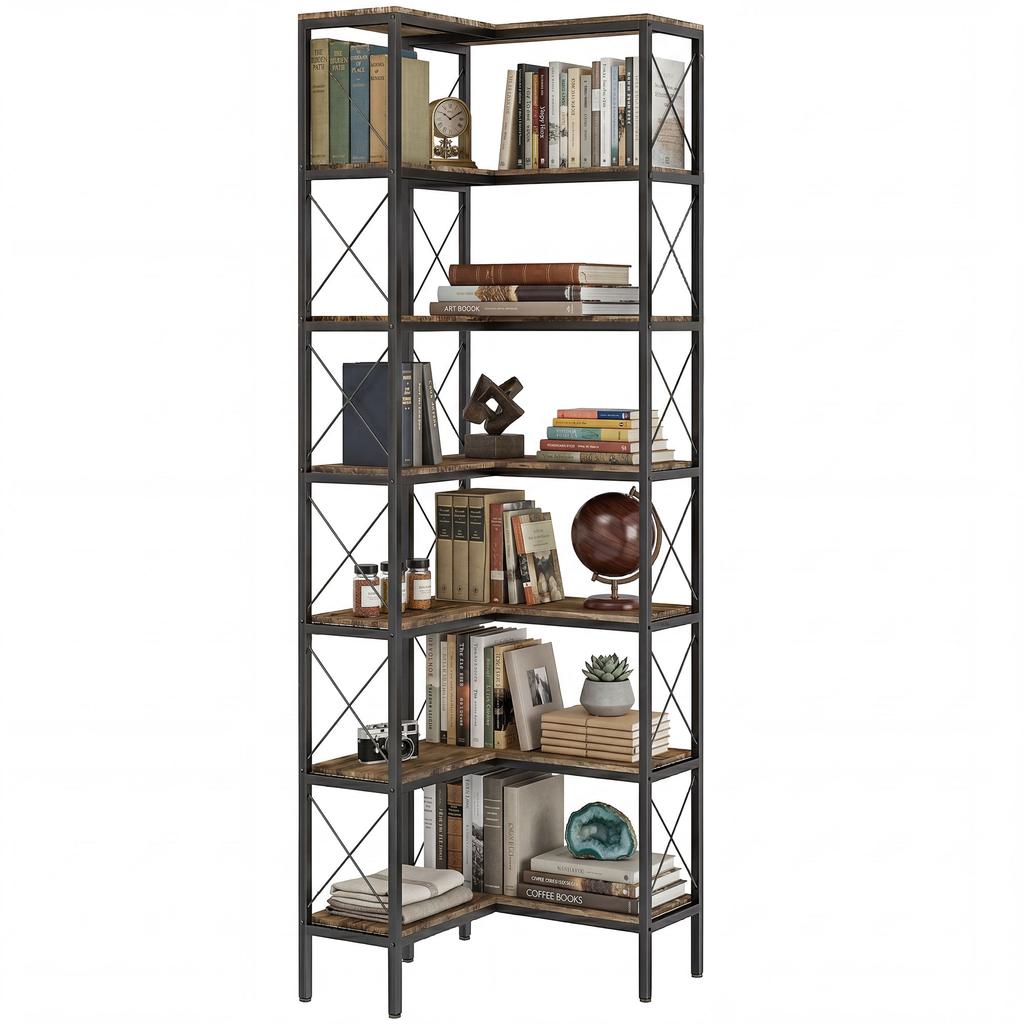 6-Tier L-Shaped Bookshelf, Freestanding Corner Bookcase with Metal Frame, Rustic Brown
