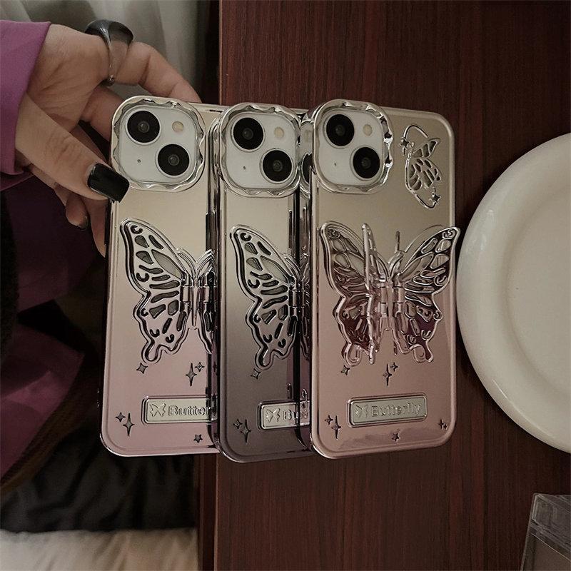 Чехол для телефона с 3D бабочкой и полым кронштейном для iPhone 15 ProMax 14 13 Pro Max 15 12 Pro, модный матовый чехол-подставка с градиентным покрытием