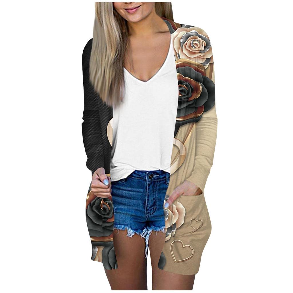 Women's Fashion Loose Casual Pocket Flower Print Long Sleeve Cardigan Jacket Tops