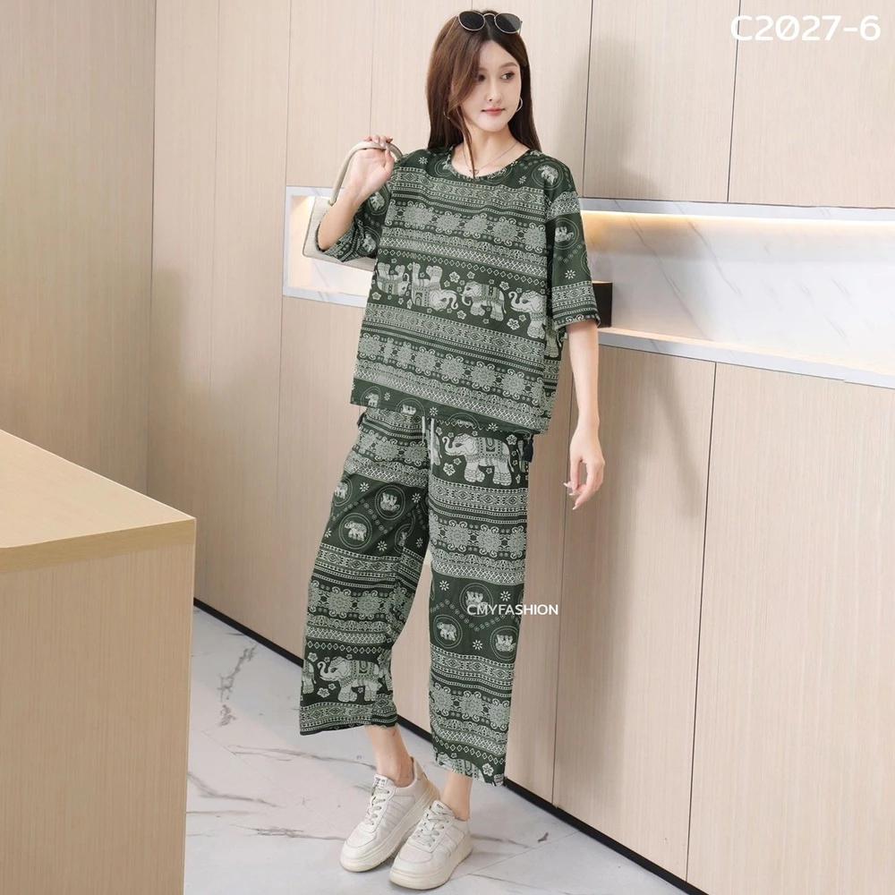 Слон Штаны Шорты Рубашка Комплект Круглый Вырез Укороченный Короткий Рукав Регулируемый Эластичный Пояс Завязка Женский Принт Повседневный Пляжный Бохо Богемный Ретро Винтаж