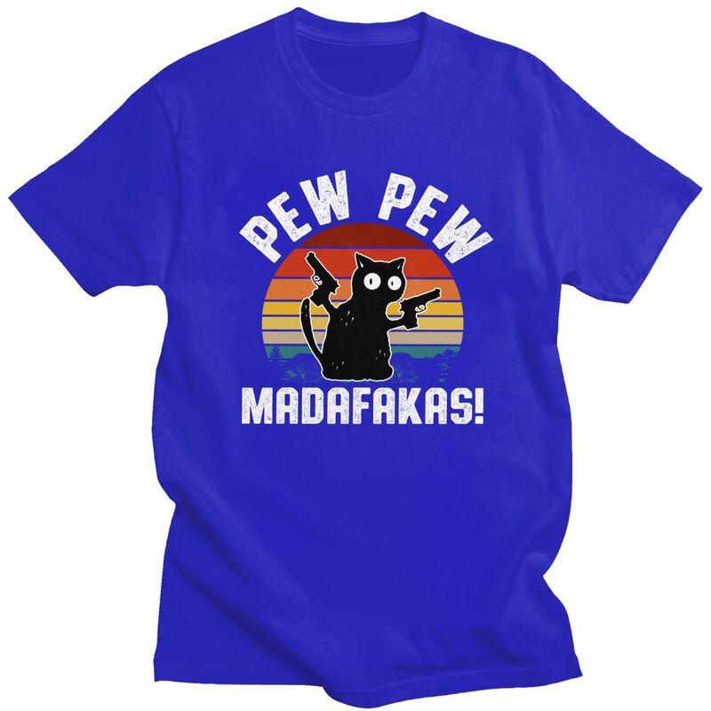 Мужская ретро футболка с принтом Черный Кот Pew Pew Madafakas, короткий рукав, хлопок, повседневная, свободный крой