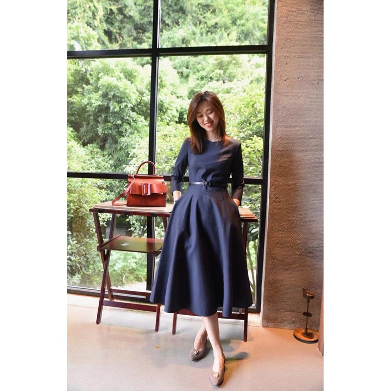 Весенне-осеннее женское платье с длинным рукавом и круглым вырезом в винтажном стиле с воздушным низом