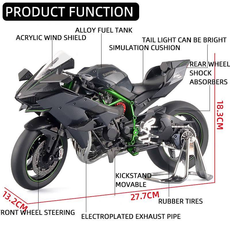 1:9 Scale Kawasaki H2R Metal Motorcycle Model Static Ornaments Simulation Sound & Light Diecast Car Children's Toy Cars Birthday