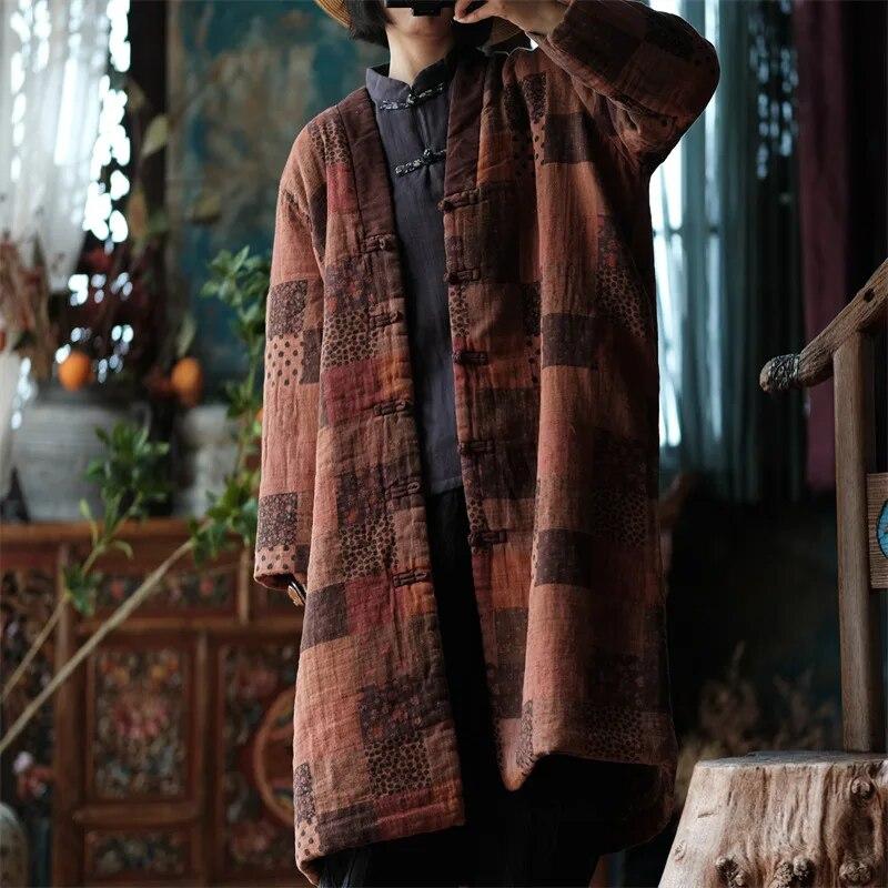 Johnature Женские винтажные зимние парки с v-образным вырезом и пуговицами, хлопковые пальто с длинными рукавами, женские длинные парки в китайском стиле