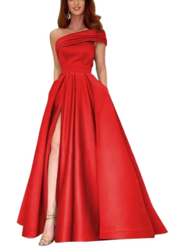 Зеленое атласное вечернее платье на одно плечо с высоким разрезом - идеально для вечеринок и дней рождения