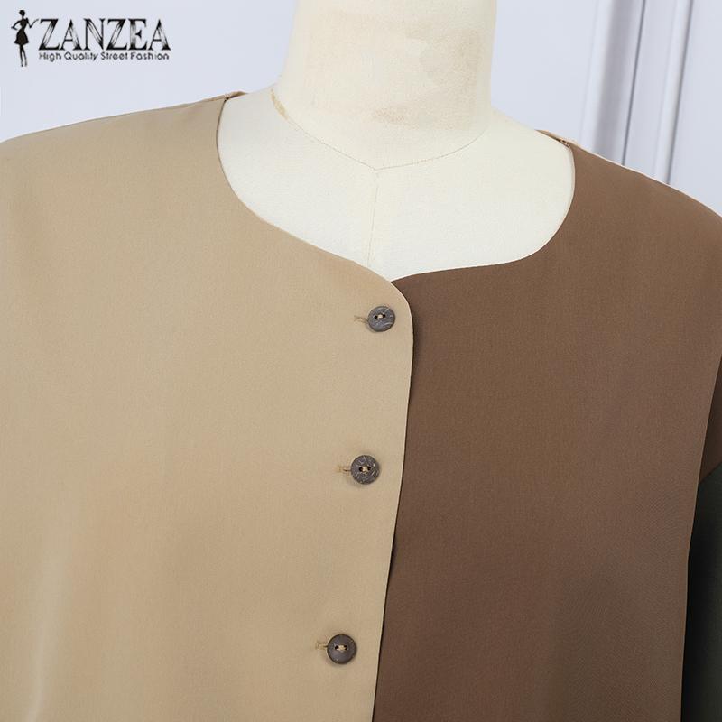 ZANZEA Женские осенние рубашки с круглым вырезом и длинным рукавом, контрастного цвета