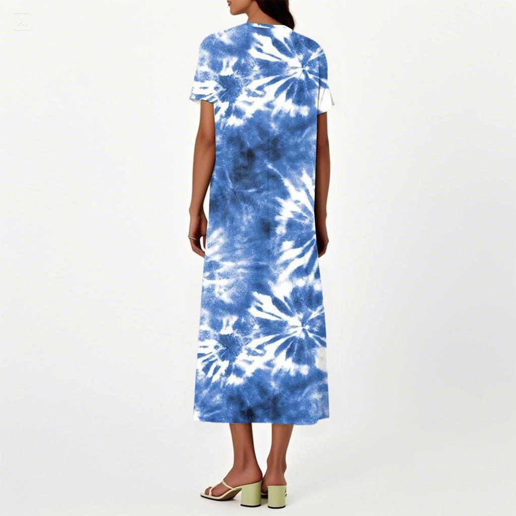 Fashion Women's Summer V-neck Short Sleeve Tie- Retro Print Beach Dress