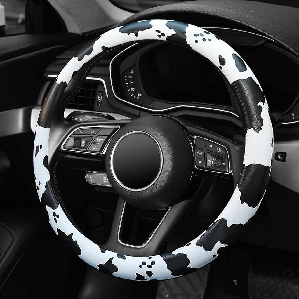 Cow Pattern Steering Wheel Cover, Universal 15 Inch Breathable Microfiber Leather Car Steering Wheel