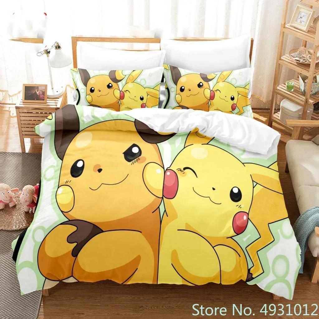3D Anime Pikachu Bedding Set Duvet Cover Quilt Cover Pillowcase Double Queen King Size Baby Child Kids Bedroom Home Textile