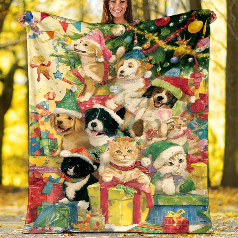 Christmas Dog Theme Printed Blanket - Perfect for Couch, Bed, Travel & Outdoor Use | Machine Washable, Cozy & Durable.