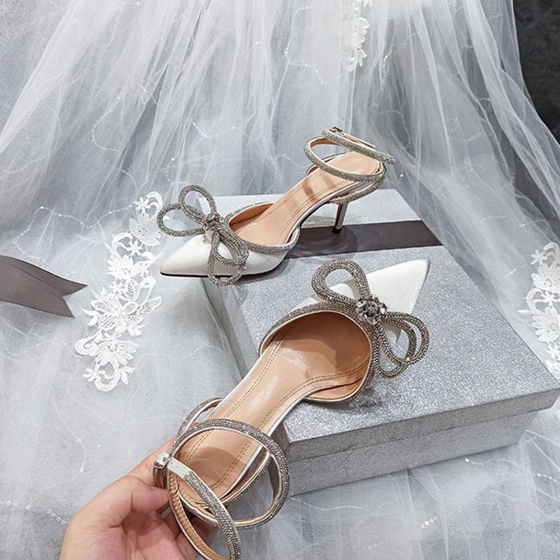 Aneikeh 41 42, женские туфли-лодочки в стиле ПВХ с блестящими стразами, атласные женские шелковые туфли на высоком каблуке с кристаллами и бантом, новинка весны 2023