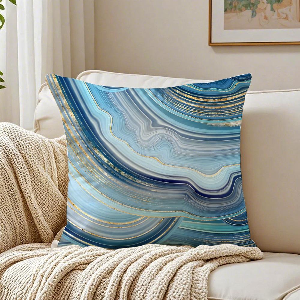 Blue Gold Wave-Shaped Pattern Pillow Case Double-Sided Plush Sofa Cushion Covers Organic Breathable Invisible Zipper