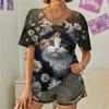 Женские футболки, летние милые топы с принтом «кошачий цветок» и 3D-принтом, повседневная мода, уличная одежда, футболка с коротким рукавом и V-образным вырезом, топы Harajuku, футболки