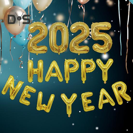 Набор воздушных шаров с Новым годом 2025 года, самозапечатывающиеся воздушные шары из алюминиевой фольги, баннер с Новым годом, фон для вечеринки в канун Нового года, декорации