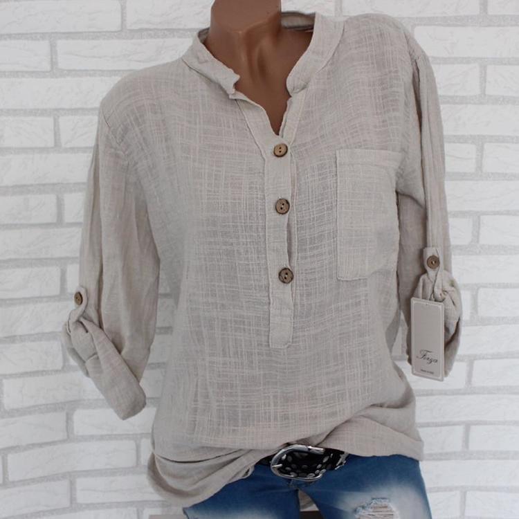 Весенняя осень женская однотонная пуговица с v-образным вырезом из хлопка и льна блузка из хлопка и льна плюс размер карманные топы