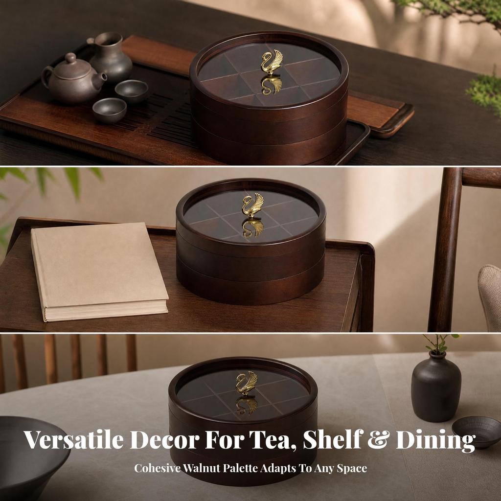 Round Rubberwood Snack Box Compartmentalized Dry Fruit Holder Multi-Use for Home