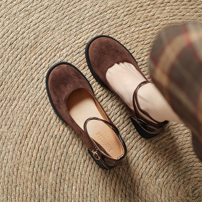 French Mary Jane women's shoes retro suede light mouth high heels spring and summer new thick heel round head cross strap single shoes women