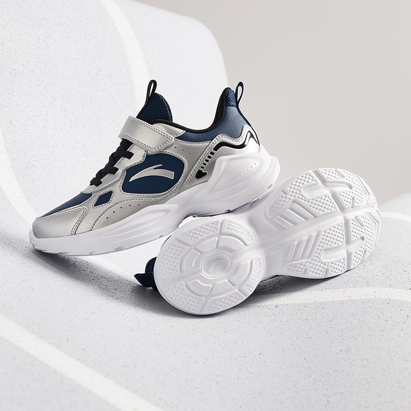 Anta Kids Synthetic Leather Fabric Trendy Versatile Unique Lightweight Shock Absorbing Low Top Running Shoes Kids Sneaker Blue Silver A12445577N-1