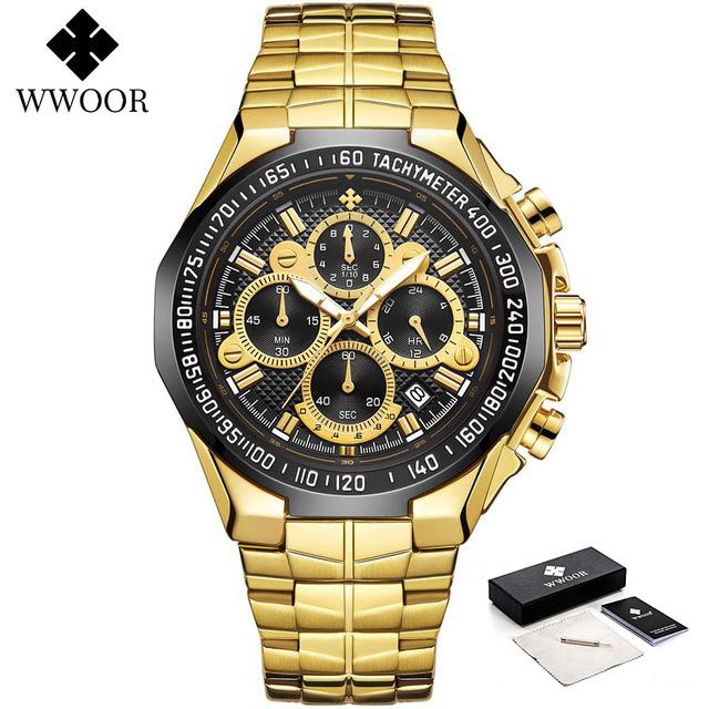 WWOOR Luxury Brand Gold Watches For Mens Waterproof Quartz Sports Wrist Watches Fashion Chronograph Male Clock Relogio Masculino