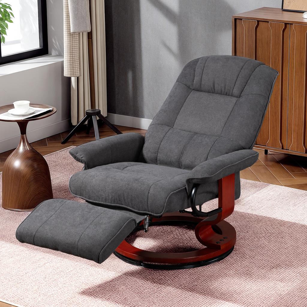 Swivel Recliner, Linen Look, Manually Adjustable Chair with Wooden Base, Footrest, High Backrest, Gray