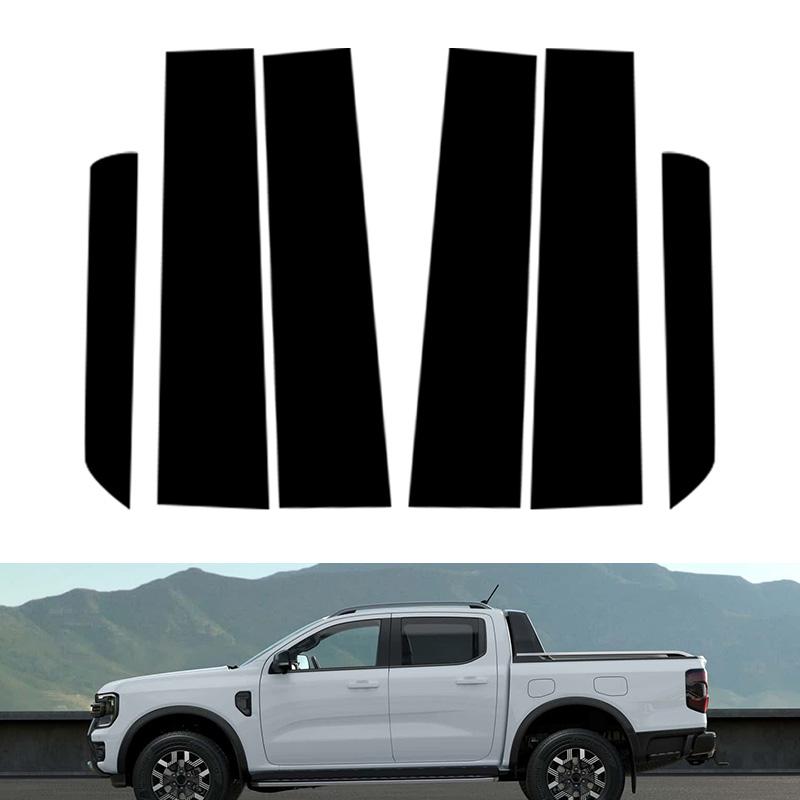 6 шт., подходит для Ford Ranger 2023-2025, глянцевый черный материал из поликарбоната, зеркальный эффект, центральная часть окна двери, средняя часть стойки стойки, отделка колонки