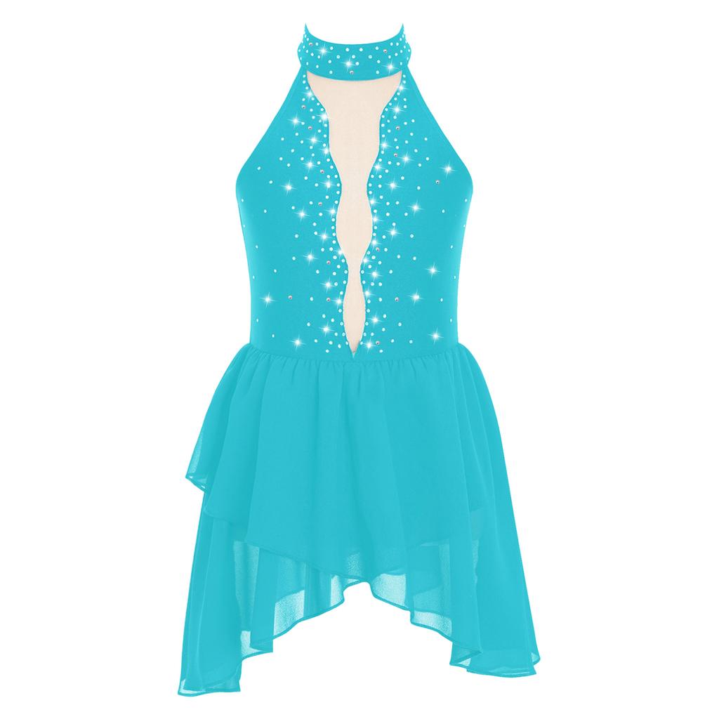 Kids Girls Rhinestone Lyrical Dance Costume Sheer Mesh Patchwork Sleeveless Irregular Hem Dress Dancewear
