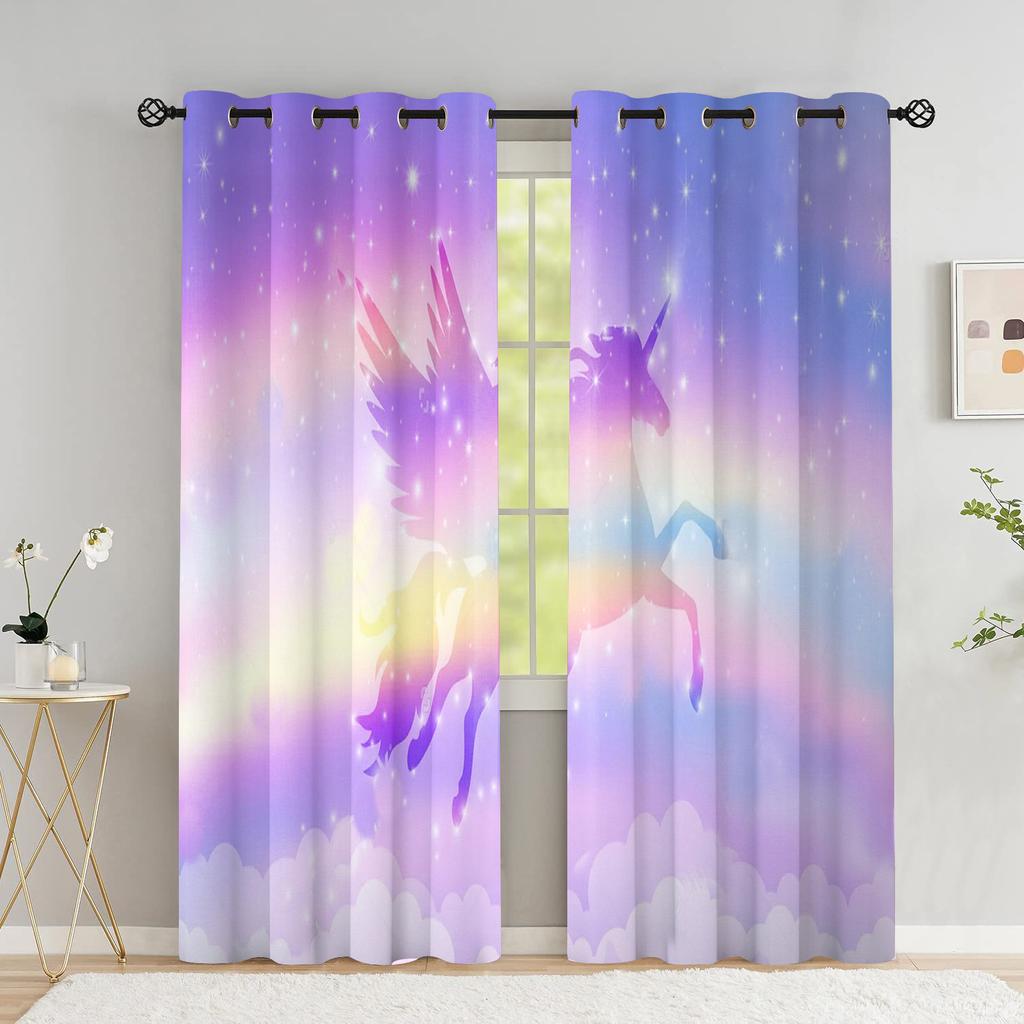 Шторы с летающим единорогом для гостиной, волшебный замок, детская комната, шторы для мальчика, радужное небо со звездами, оконная занавеска с высоким затенением