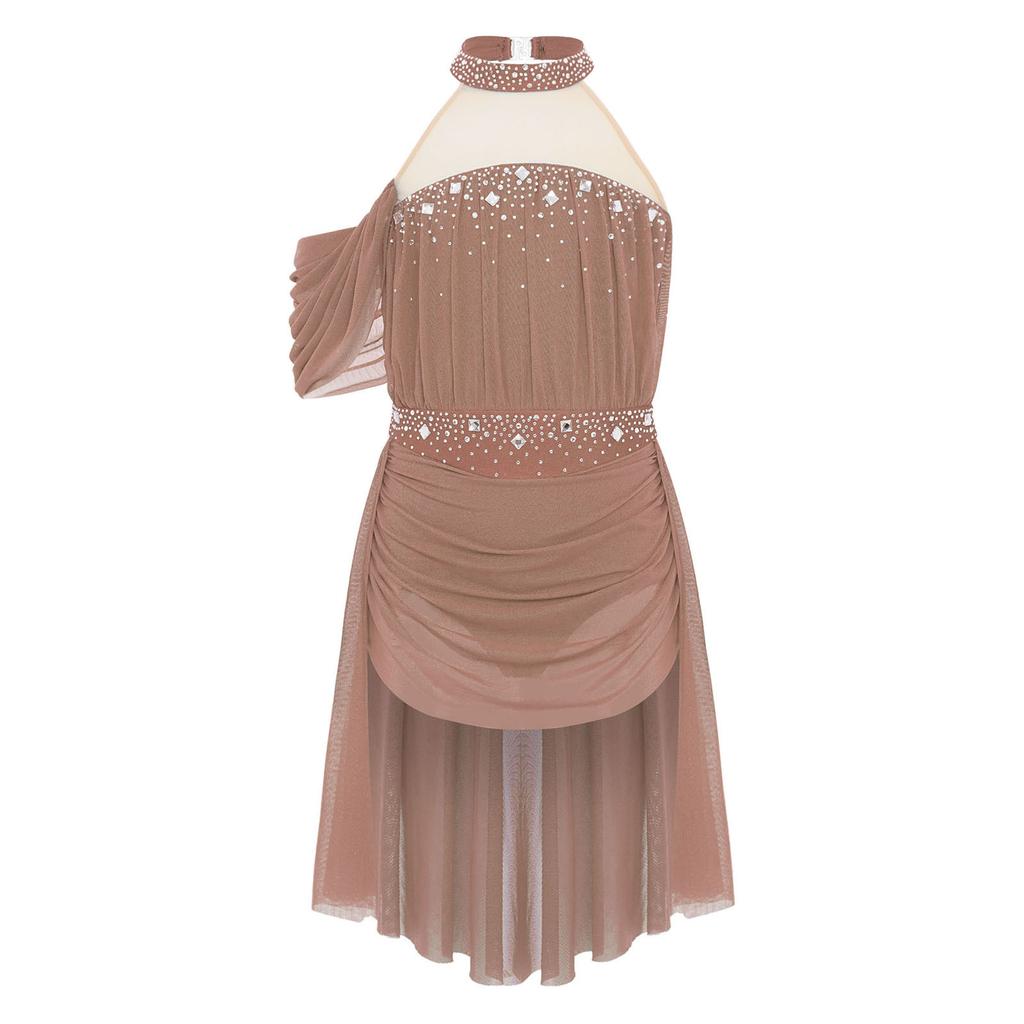 Girls Halter Backless Ruched Mesh Drape Dress Lyrical Dance Performance Rhinestone Costume